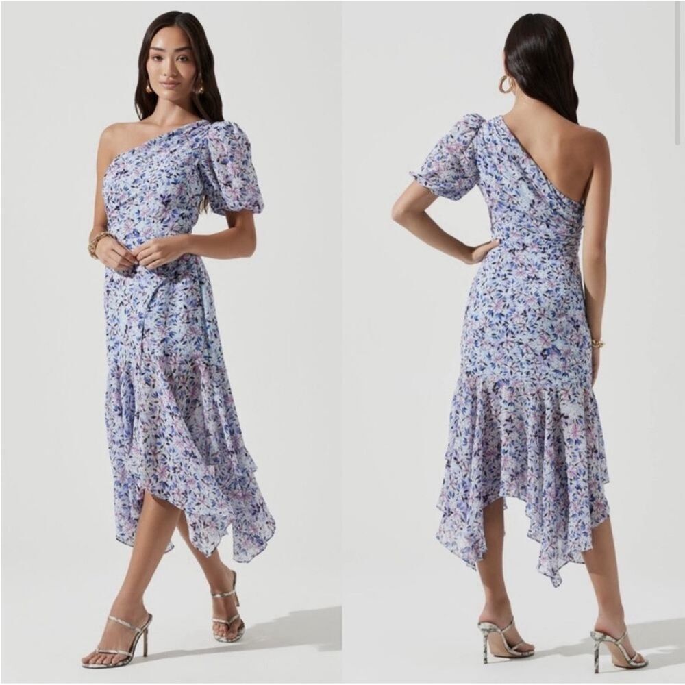 ASTR the Label Lavender Floral Santorini One Shoulder Midi Dress Size Large